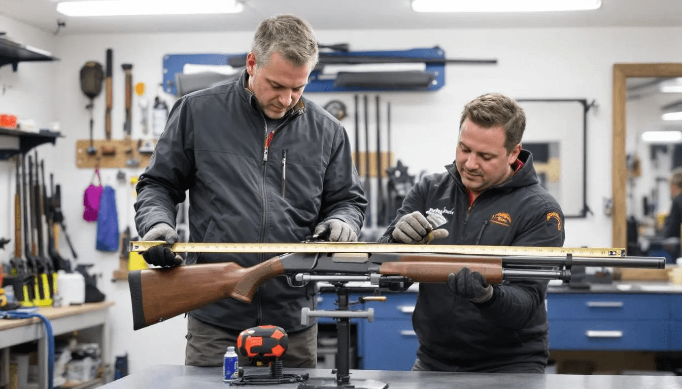 The image depicts a professional gun fitting process, showcasing a shooter adjusting the stock dimensions of a shotgun to ensure a proper gun mount and fit against the shoulder area. Tools and techniques are being used to measure the recoil pad and assess the shooter’s form, aiming to reduce felt recoil and prevent bruising from recoil force.